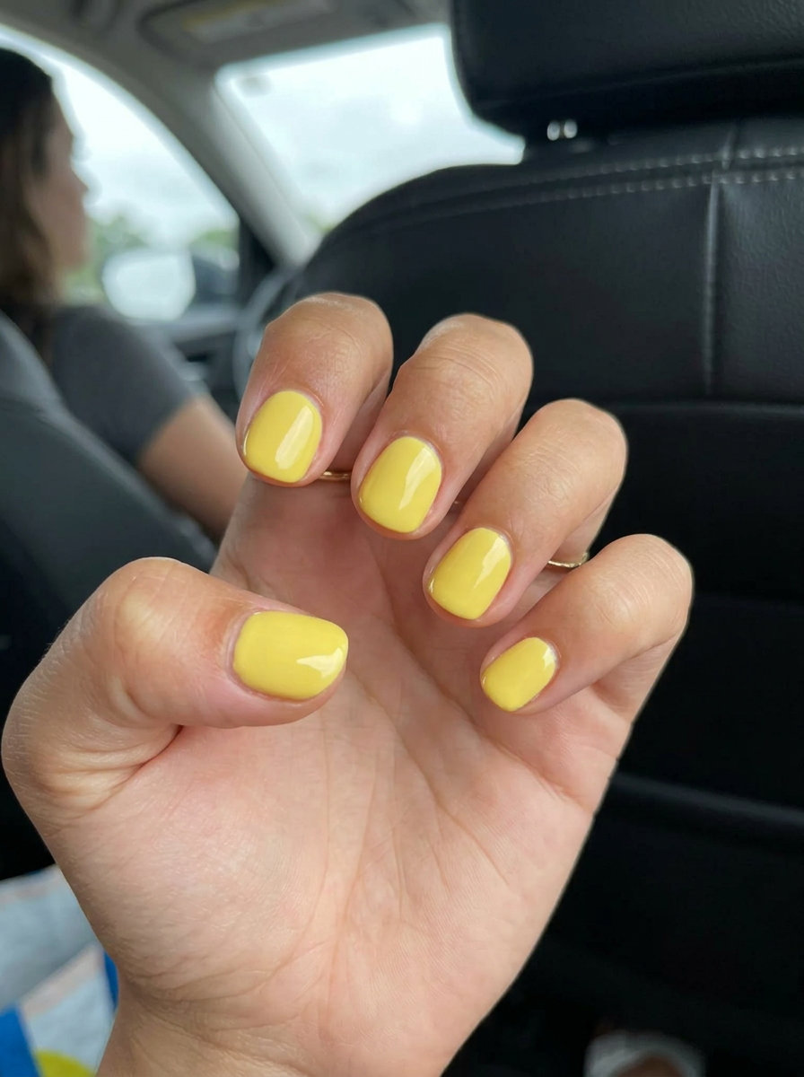 Cheerful bright butter yellow short round summer nails 2026 with a high-gloss finish for vacation fun.