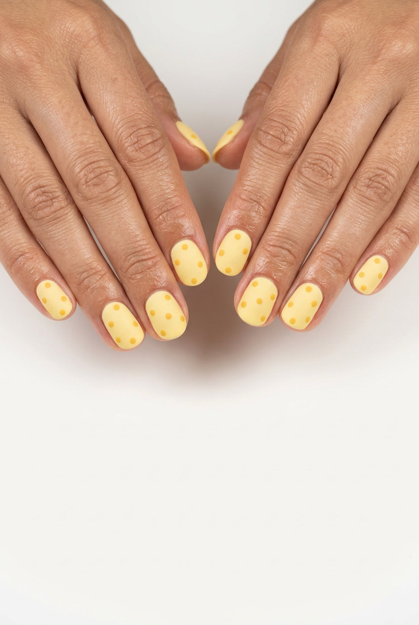 Short round summer nails 2026: Matte butter yellow with dark yellow dots. Playful & cheerful for picnics.