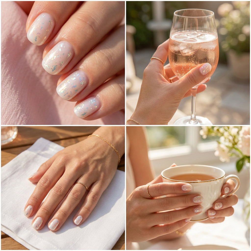 Ethereal moonbeam shimmer short round summer nails 2026 with iridescent flakes for romantic, polished looks.