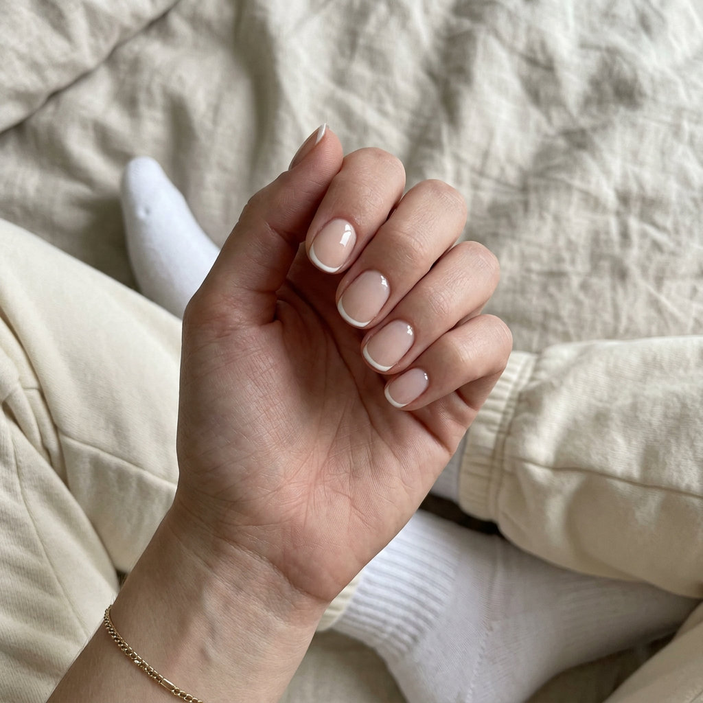 Short round summer nails 2026: Sheer nude micro French tip. Minimalist & polished for work.
