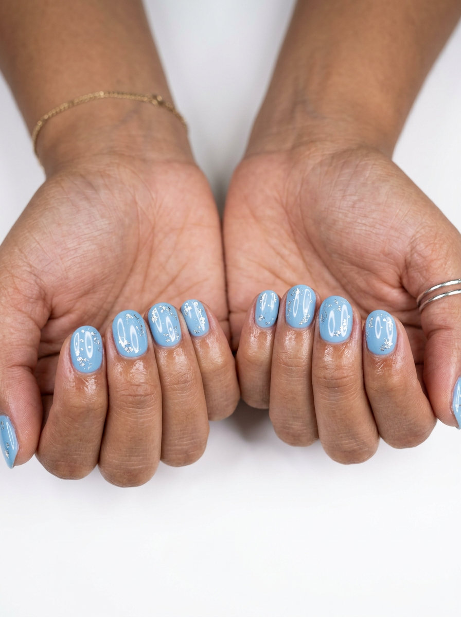 Celestial Sky Blue Foil Flake short round summer nails 2026 for parties and festivals.