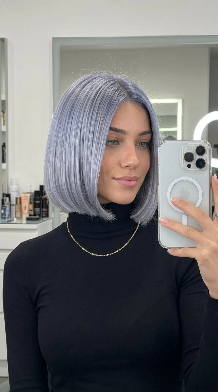 chin-length italian bob haircut in cool silver with blue undertones for summer 2026