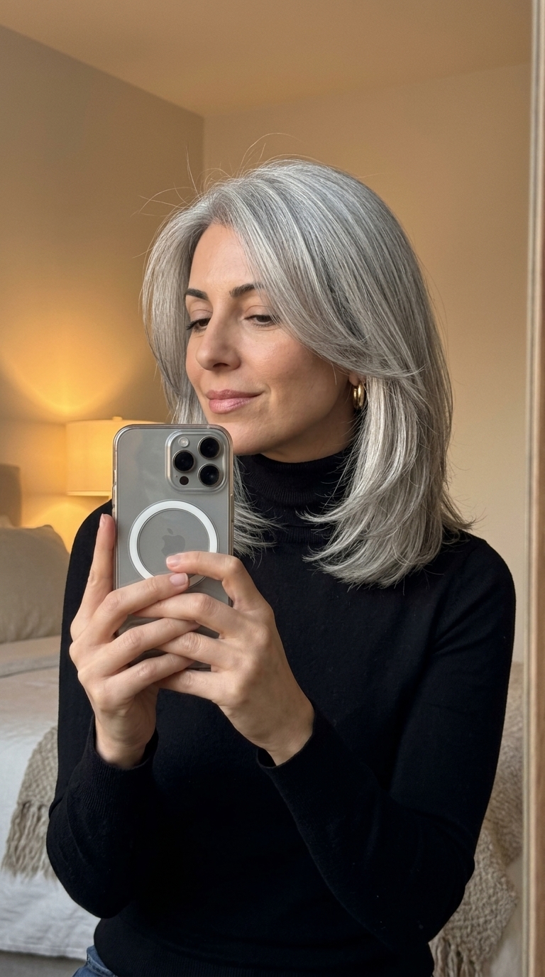 Silver Fox Lob: Elegant Summer Haircut 2026 shoulder-length silver gray lob haircut with graduated layers and soft lowlights for summer