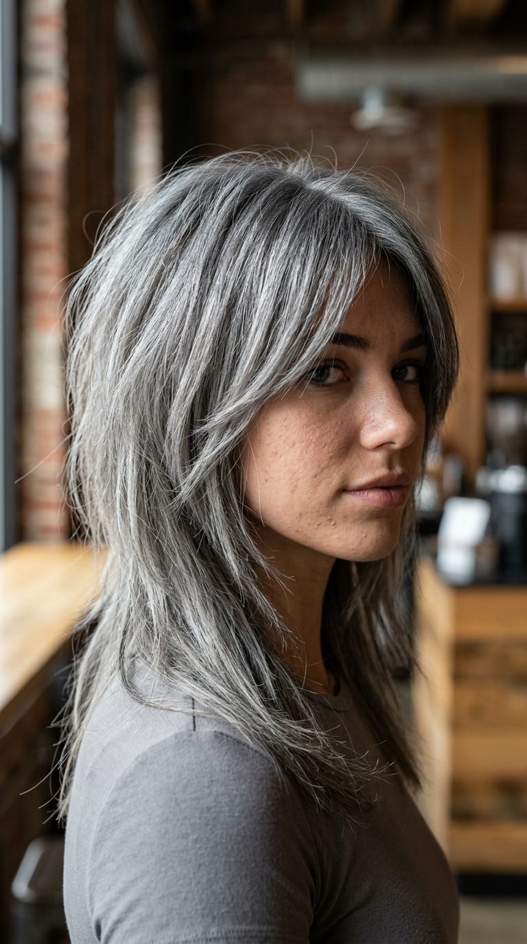 long shag haircut with ashy silver-grey and charcoal root, choppy layers for modern edge