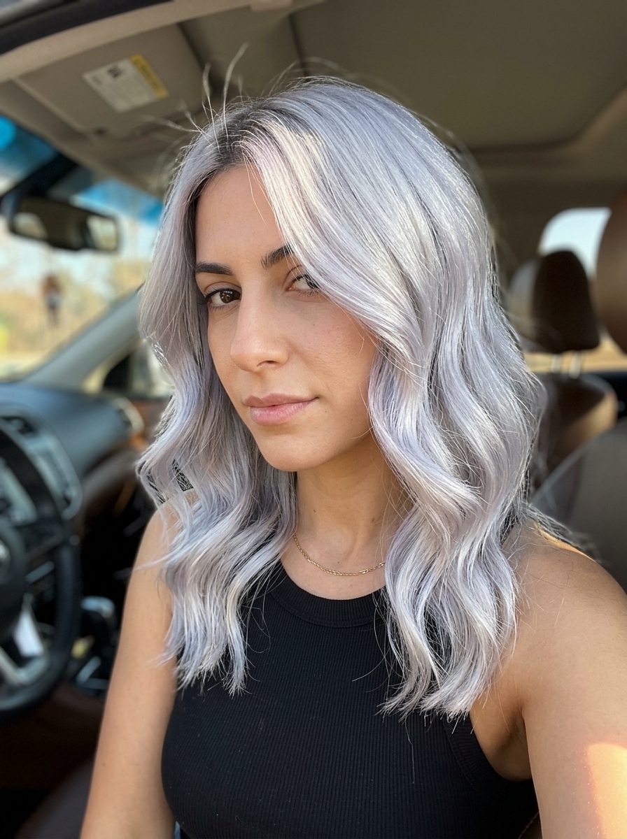long layered hair with silver platinum blonde and cool root, foiling technique — glamorous romantic style
