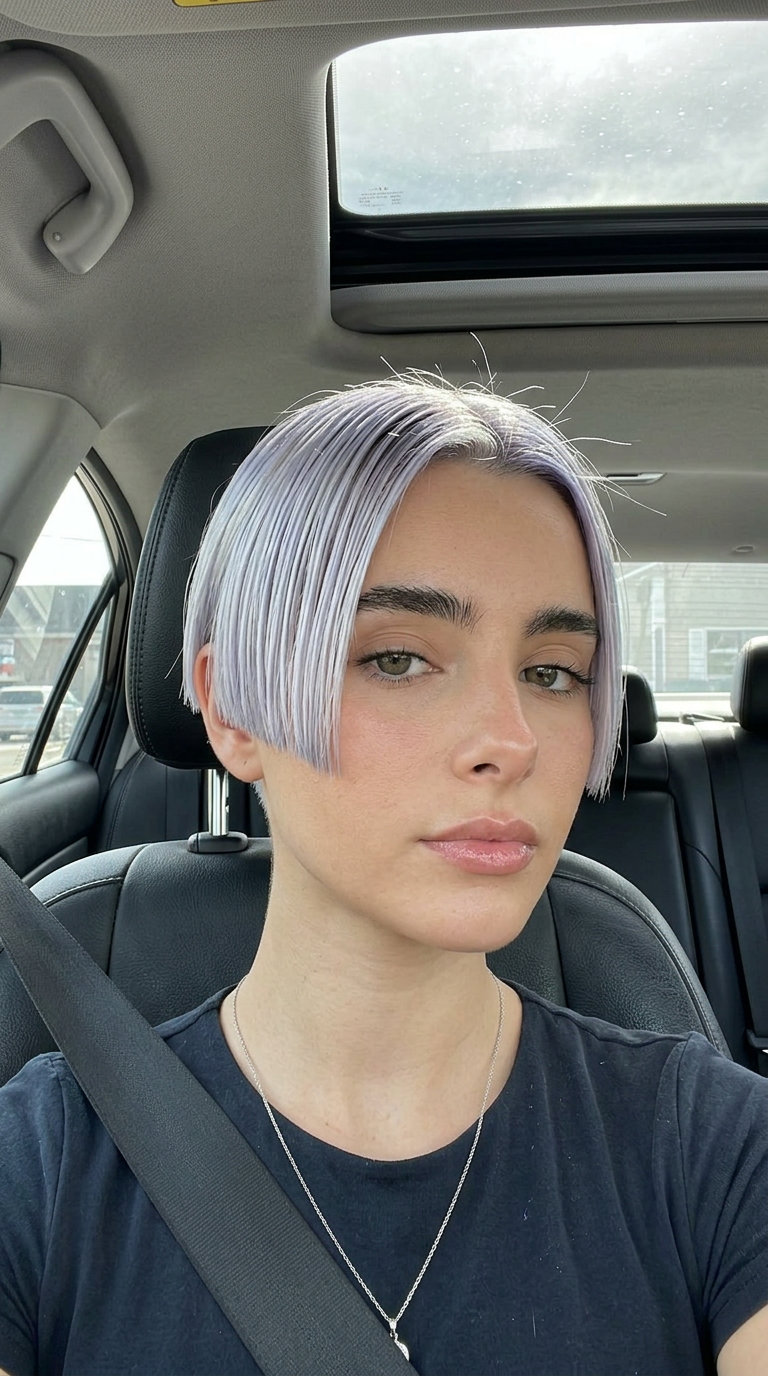 short blunt crop haircut in silver platinum with violet undertones, precision cut for a sleek look — bold and futuristic