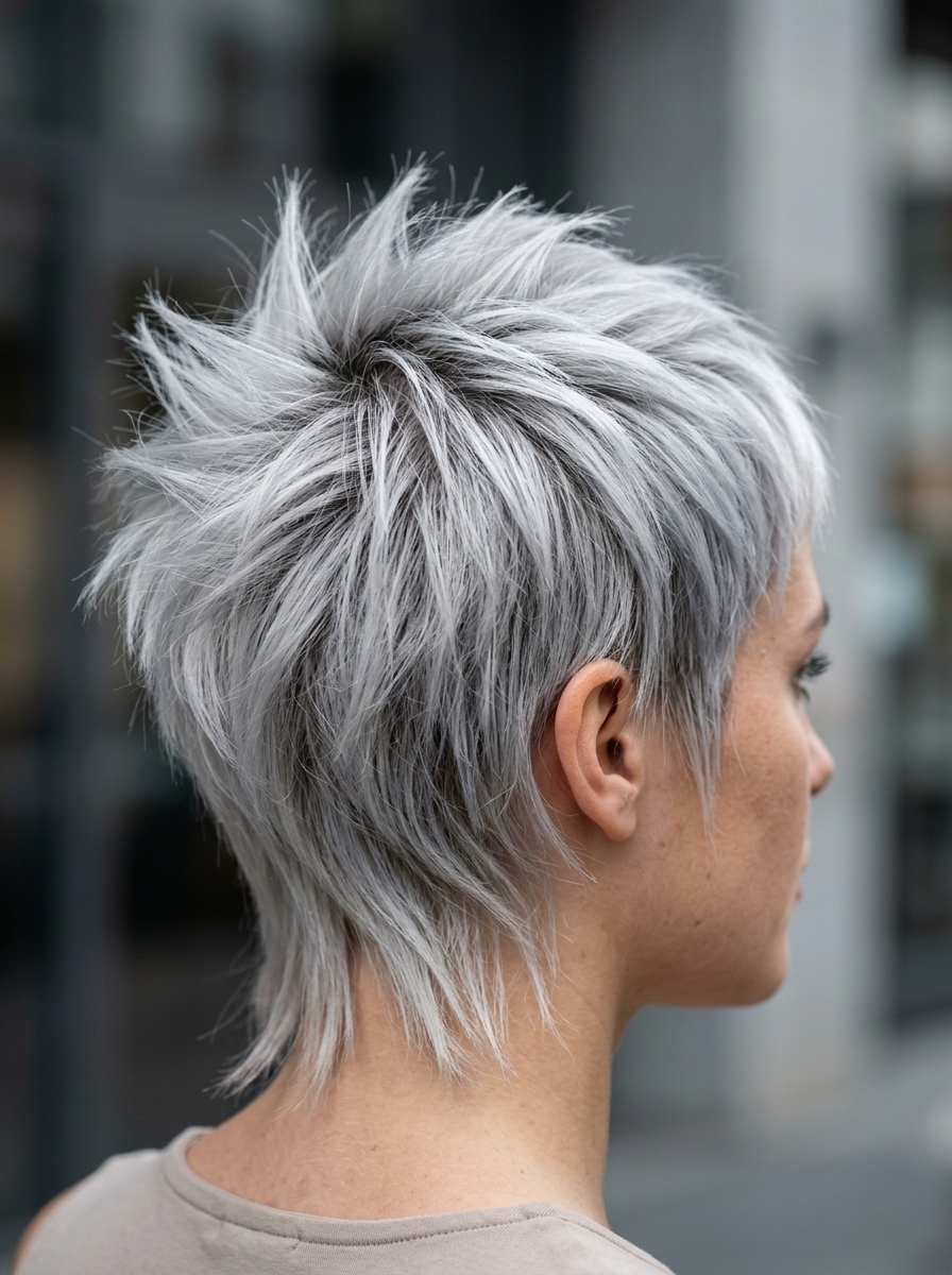 very short silver platinum pixie-mullet with micro-fringe, clipper fade, spiky texture — edgy futuristic