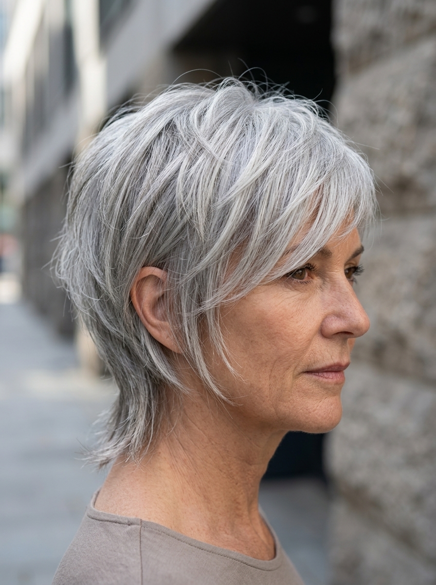 short silver shag haircut with razored layers and choppy fringe for edgy style