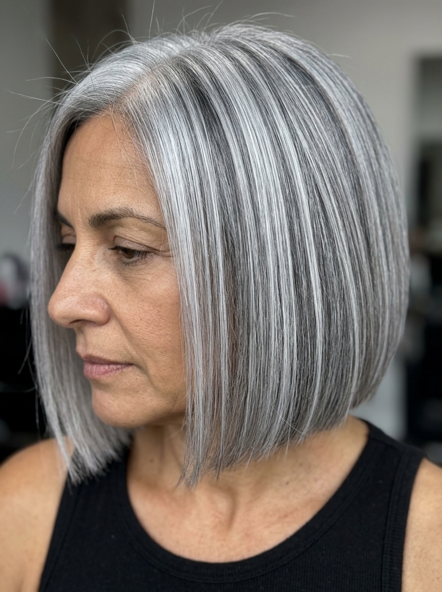 chin-length bob haircut in silver smoke with charcoal lowlights and icy white babylights for summer