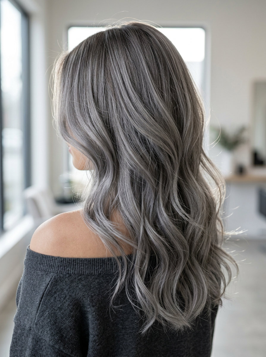 long layered hair with silver-smoke balayage and ash-brown root, air-touch balayage technique — bohemian chic style
