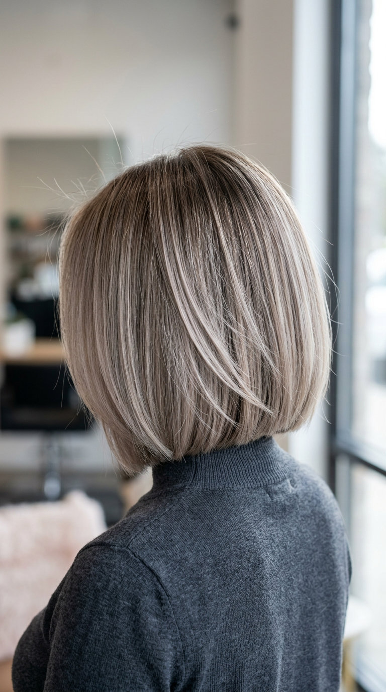 chin-length bob haircut with smoked chai and ash blonde, AirTouch technique — edgy