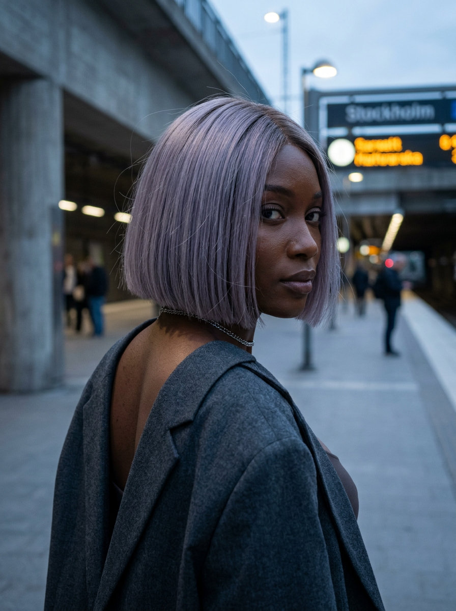 chin-length blunt bob in smoked lavender with ash brown root for edgy style