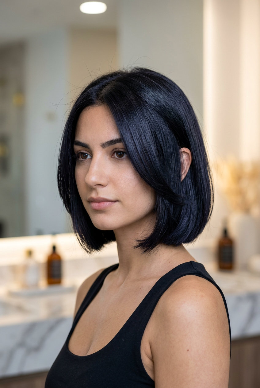 short layered bob smoked onyx black haircut with subtle layers and no fringe for sophisticated modern look