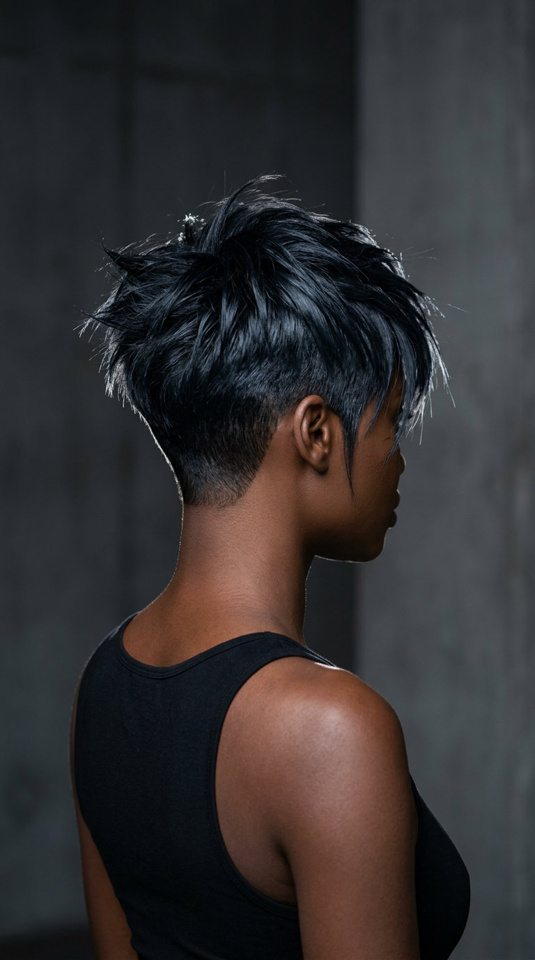 short undercut crop haircut in smoked onyx with blue-grey reflection, sharp blend for a dramatic look — bold and edgy