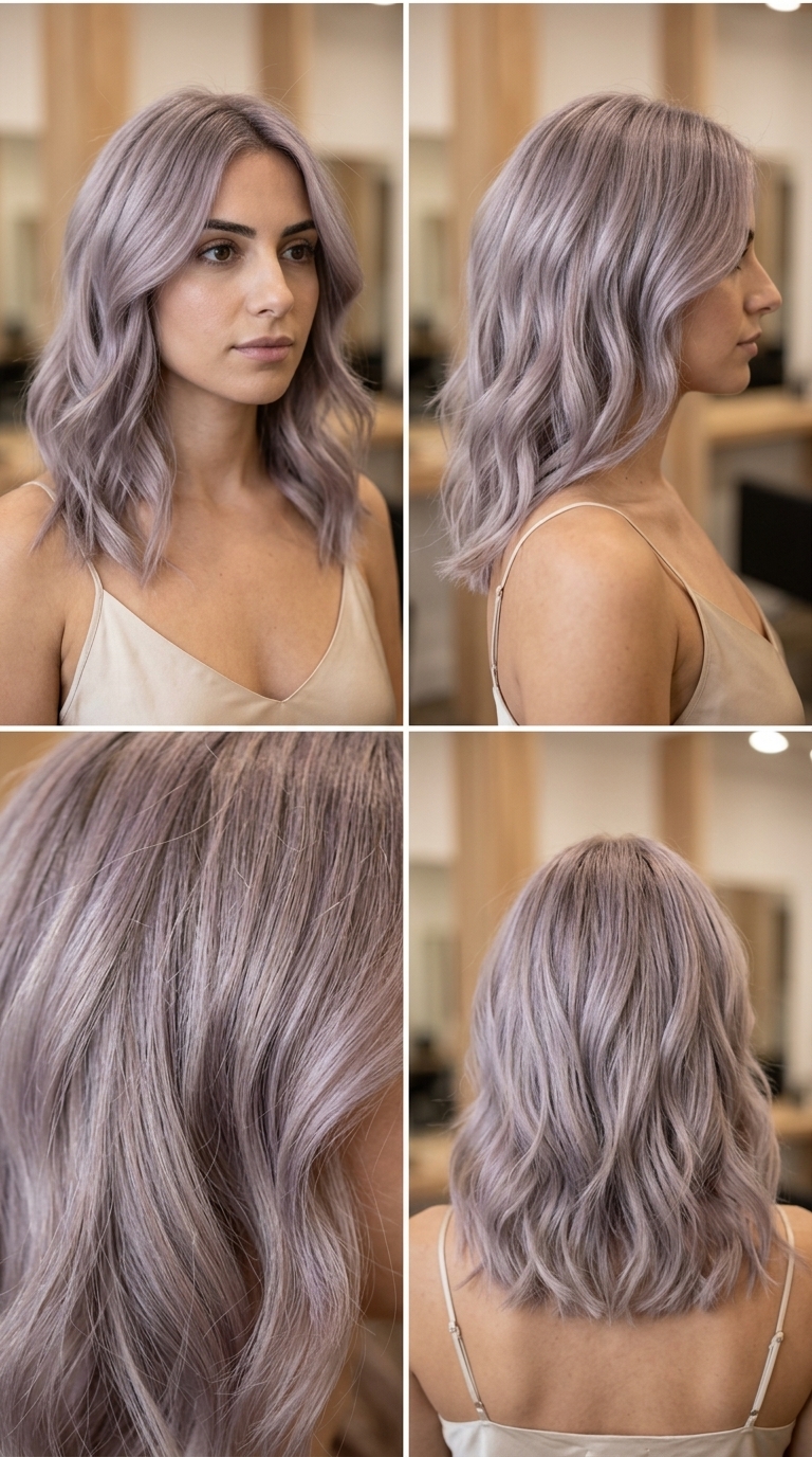 long smoked pearl blonde hair color with violet-grey tones, foilayage technique — romantic ethereal look