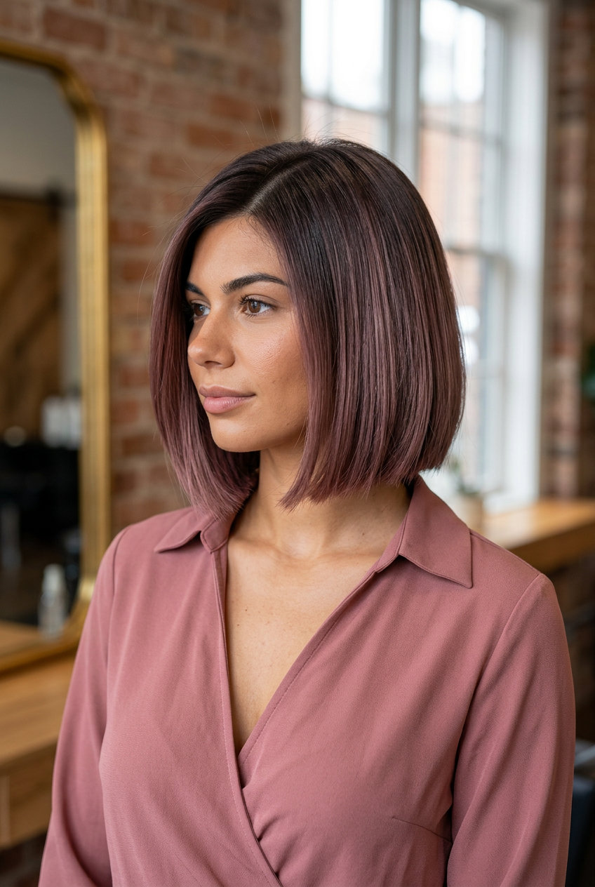 chin-length bob rose brunette with ash-pink overlay, blunt angled cut — sophisticated, modern