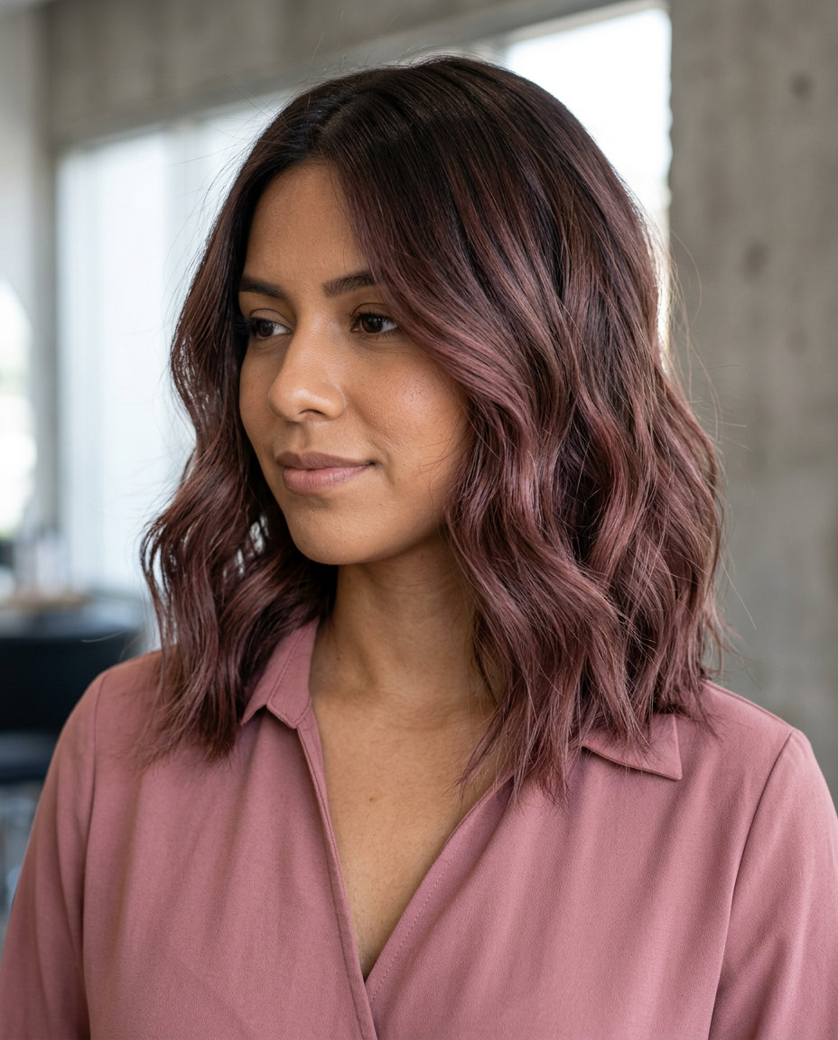 Collarbone-length lob with smoked rosewood color melt, internal layers, soft U-shape — effortless