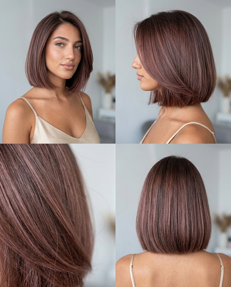 chin-length french bob rose brunette with blunt cut, ash-pink overlay — sophisticated, elegant