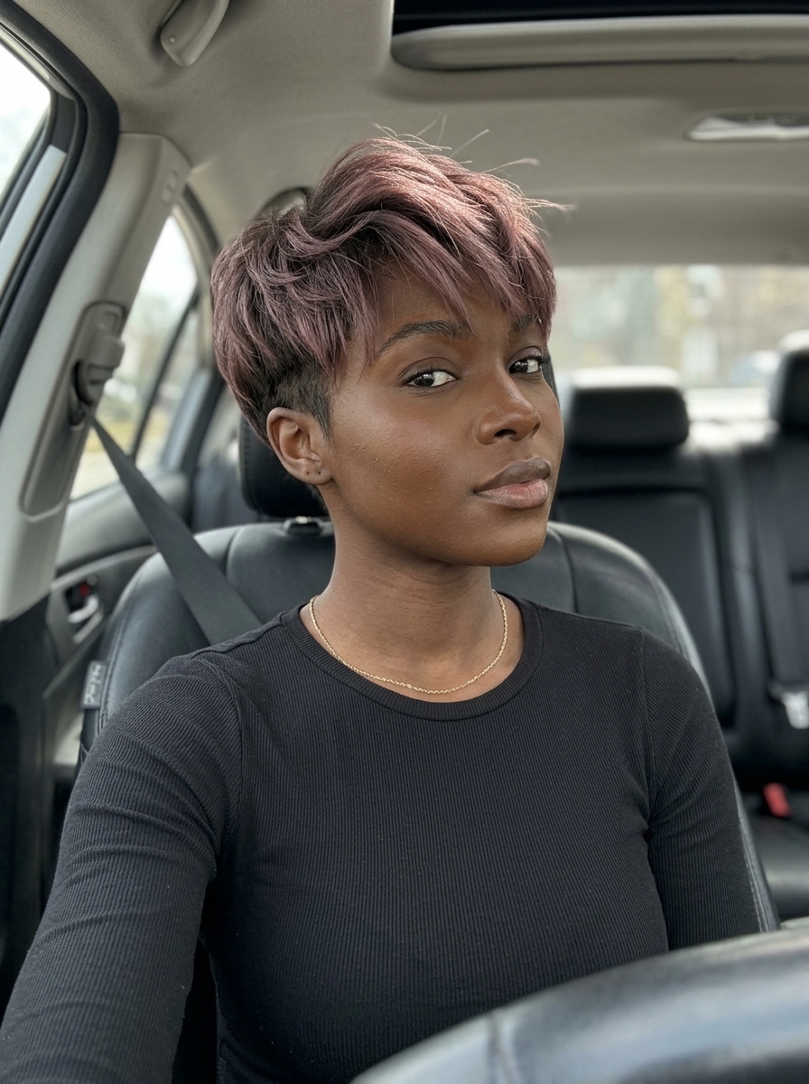 short pixie rose brunette with textured layers, side-swept front — professional, chic