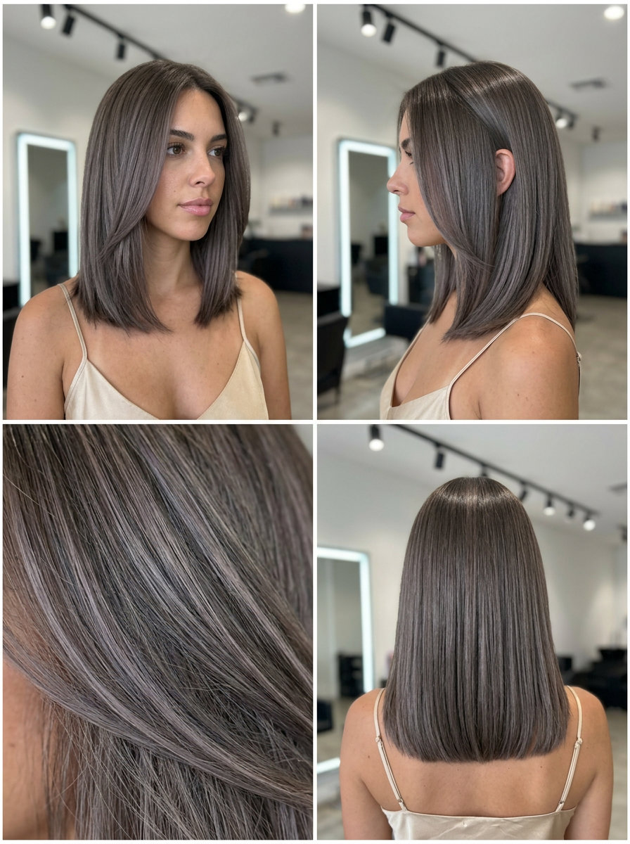 long smoky charcoal brunette foilayage with grey-violet highlights, ash brown base, no fringe — modern summer chic