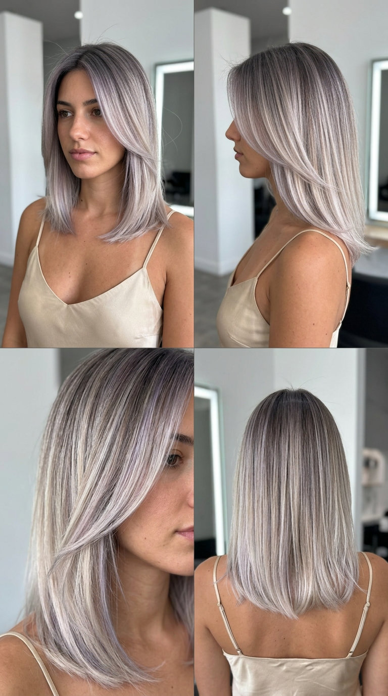 mid-length layered blonde ombré with smoky grey-violet root and pearl blonde ends for summer
