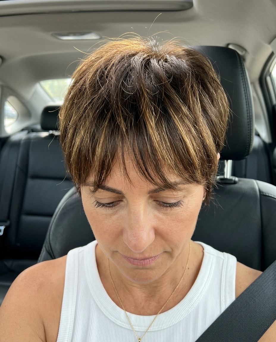 Birkin Bangs Pixie: Timeless Summer Haircut 2026 short razored pixie haircut with soft natural brunette, babylights, and wispy Birkin bangs for a retro vibe