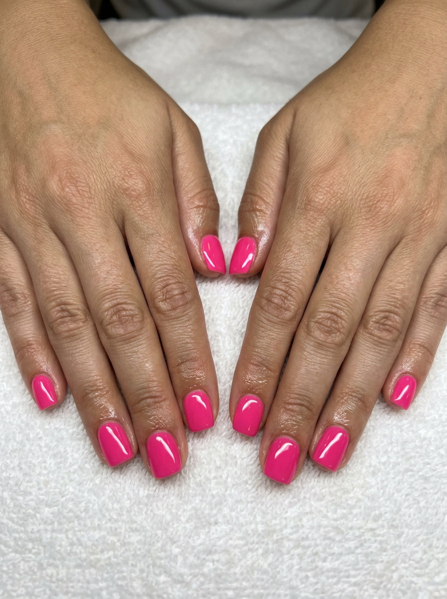 Hot Pink Nails 2026: Festival Barbiecore Style Playful Barbiecore hot pink square nails for festivals and summer fun in 2026.