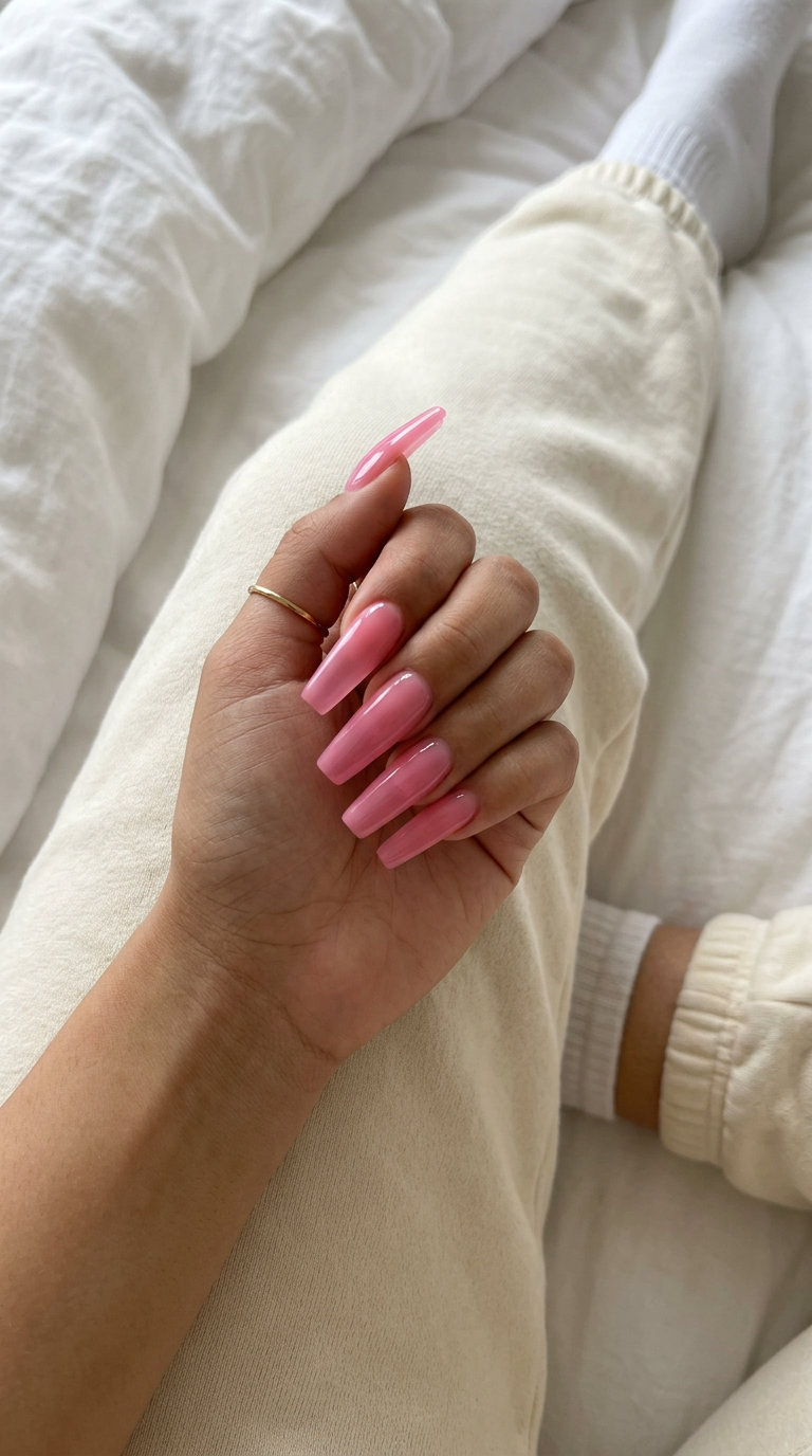 Bubblegum Pink Nails 2026: Playful Party Style Whimsical bubblegum pink jelly coffin nails for festivals and summer parties in 2026.
