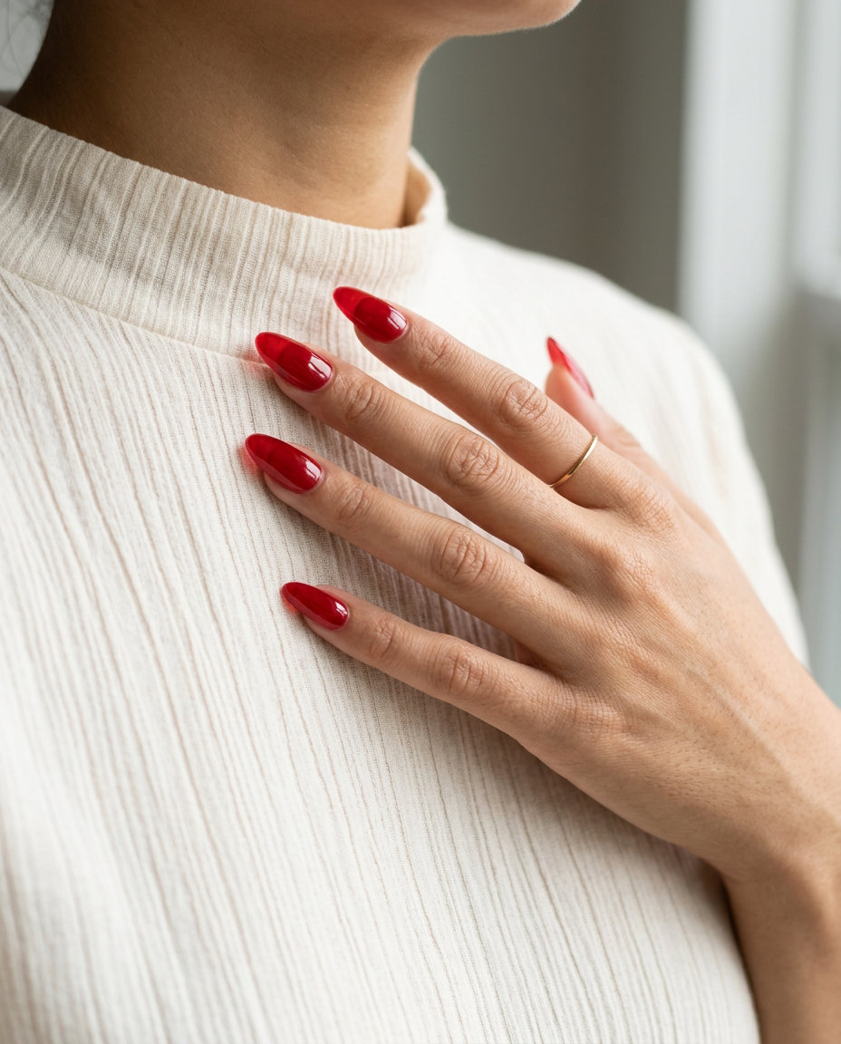 Cherry Jelly Nails 2026: Retro & Playful Retro cherry red jelly almond nails for date night and summer casual, a playful solid summer nails 2026 style.