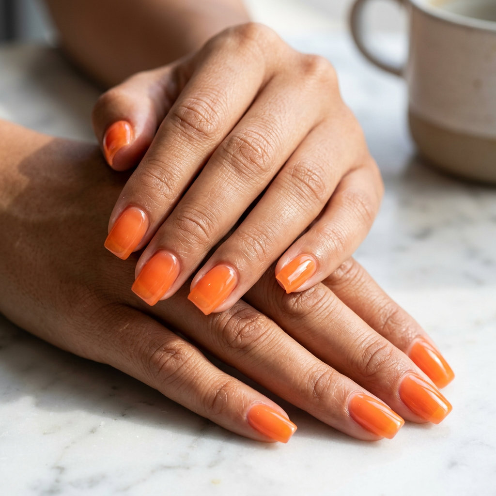 Solid Summer Nails 2026: Citrus Jelly Square Pop Sheer orange jelly square nails for a playful solid summer nails 2026 look. Perfect for casual outings and festivals.