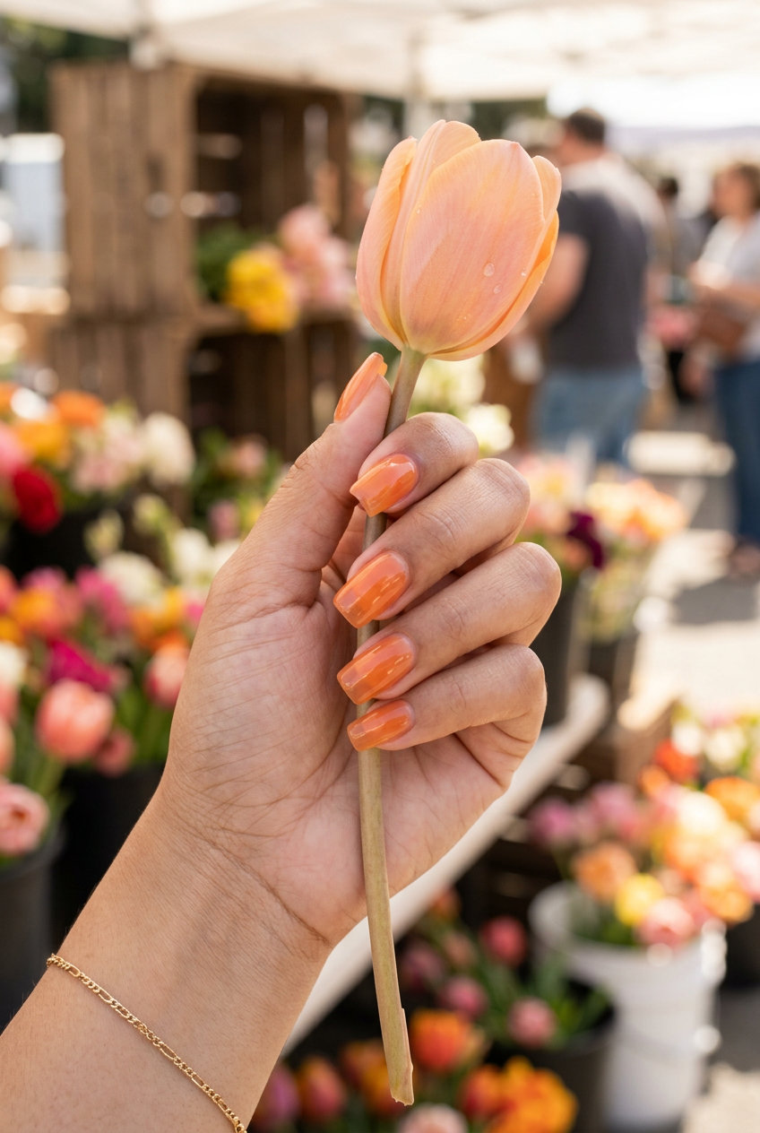Citrus Jelly Square Shine Nails 2026 Playful citrus jelly square shine nails for solid summer nails 2026, perfect for casual fun.