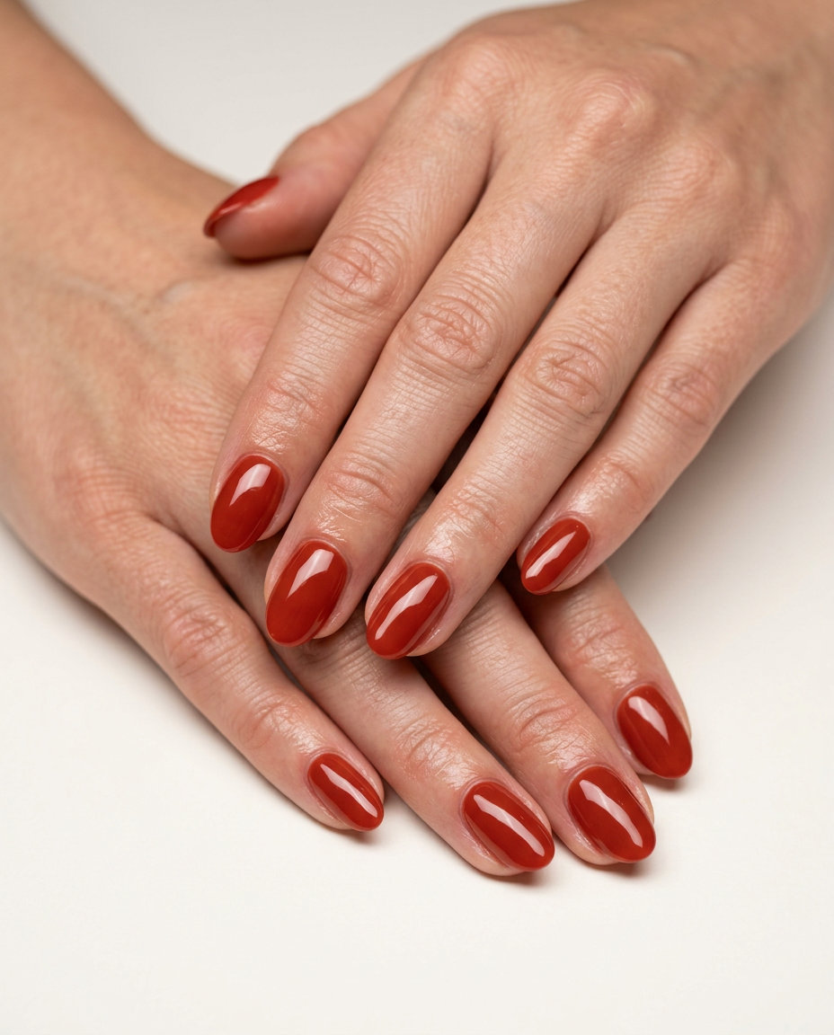 Classic Red Oval Glossy Nails 2026 Classic red oval glossy nails for solid summer nails 2026, ideal for daily wear and sophisticated looks.
