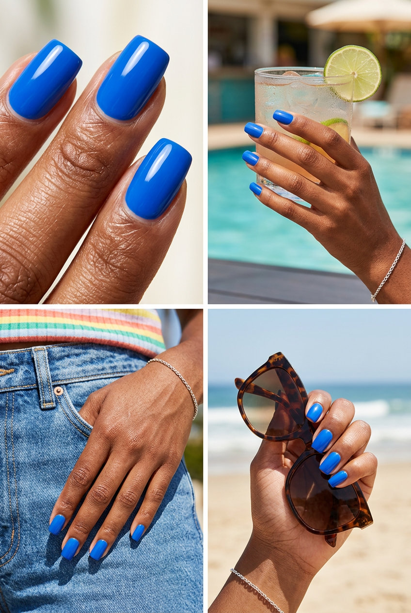 Electric Blue Square Gloss Nails 2026 Bold electric blue square gloss nails for solid summer nails 2026, perfect for parties and vibrant events.