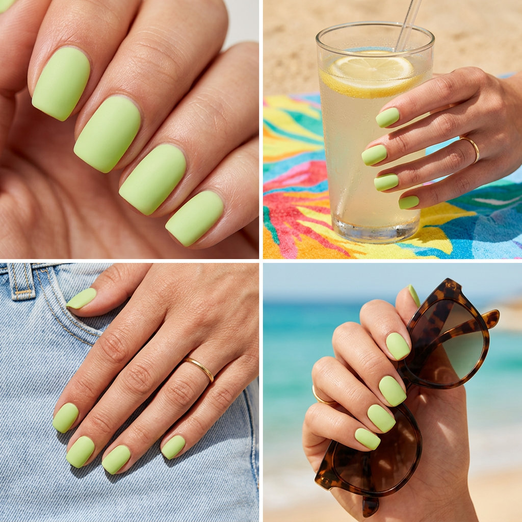 Milky Lime Green Squoval Nails 2026: Fresh Daily & Work Style Milky lime green squoval nails for solid summer nails 2026. Clean-girl, playful look for daily wear and work.
