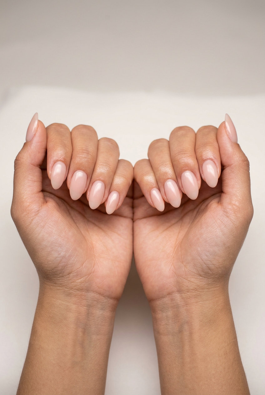 Solid Summer Nails 2026: Milky Nude Almond Glow Effortless milky nude pink almond nails with a subtle sheen for a natural solid summer nails 2026 look. Ideal for daily wear.