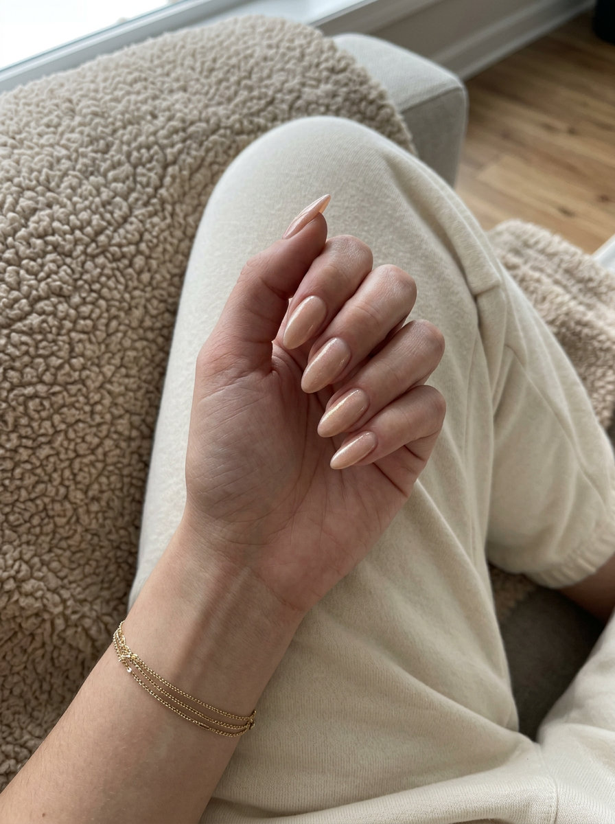 Shimmering Nude Nails 2026: Wedding Guest Chic Minimalist shimmering nude almond nails for weddings and everyday elegance in 2026.