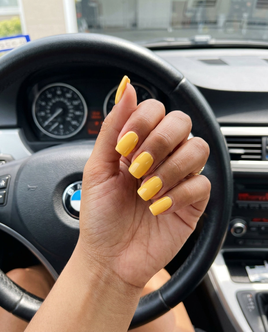 Solid Summer Nails 2026: Sunshine Squoval Pop Cheerful bright yellow squoval nails for a sunny solid summer nails 2026 look. Perfect for summer vacations and festivals.