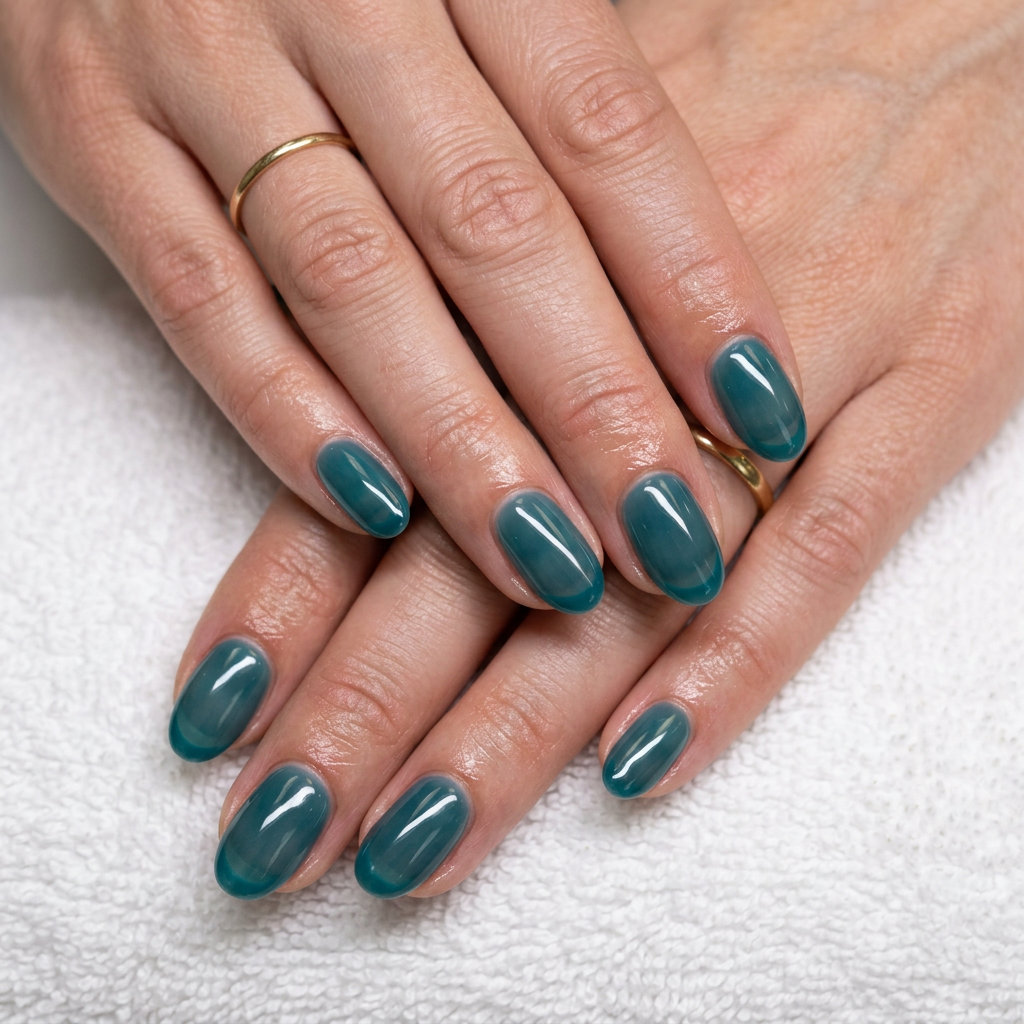 Teal Jelly French Nails 2026: Summer Brunch Style Whimsical teal jelly micro French nails for summer brunch and casual wear in 2026.