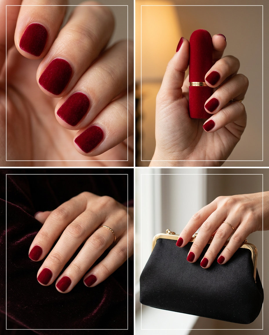 Velvet Red Nails 2026: Classic Date Night Glamour Sultry velvet red round nails for date night and classic glamour in 2026.