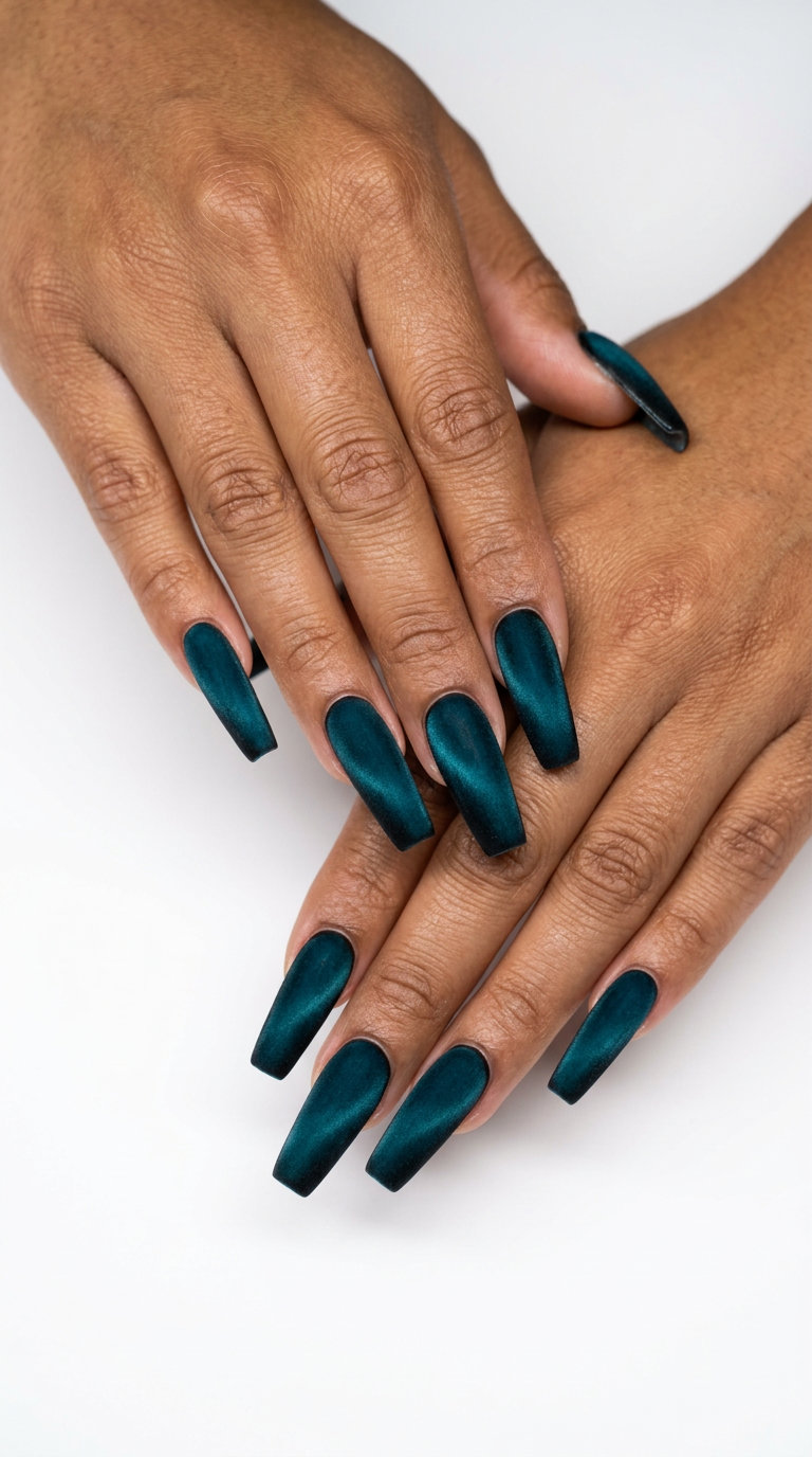 Velvet Teal Coffin Nails 2026 Mysterious velvet teal coffin nails for solid summer nails 2026, perfect for glamorous evening events.