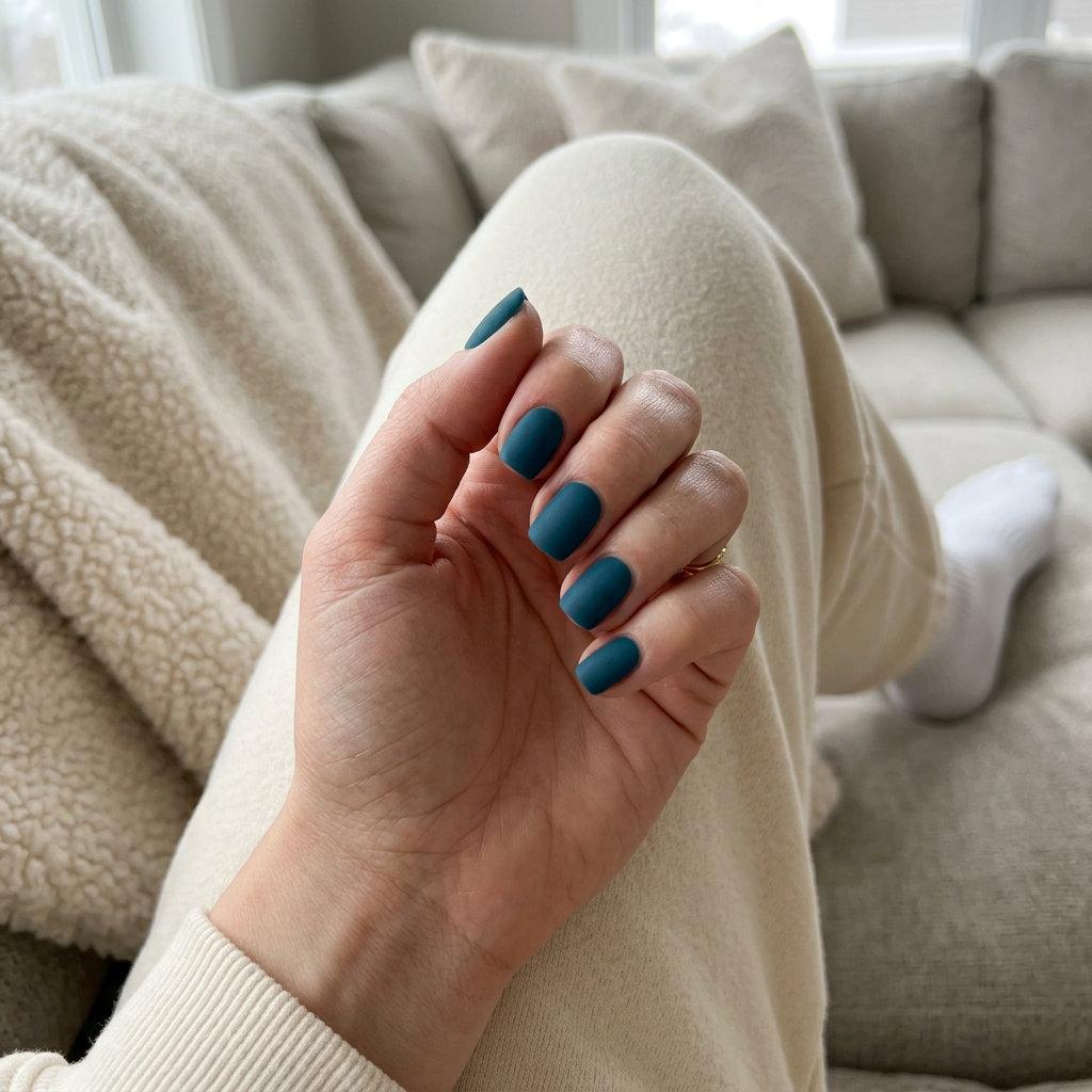 Velvet Teal Nails 2026: Sophisticated Work Style Sophisticated velvet teal squoval nails for daily wear and work in 2026. Matte finish.