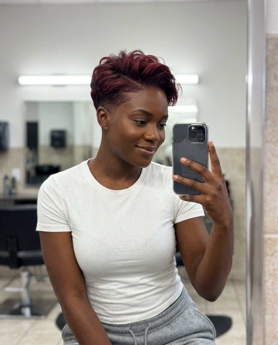 short spiced sangria fade haircut with sculpted texture on top, no fringe — edgy summer style