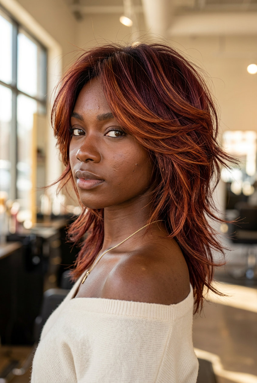 short spiced sangria shag-mullet with copper highlights and wispy bangs for summer