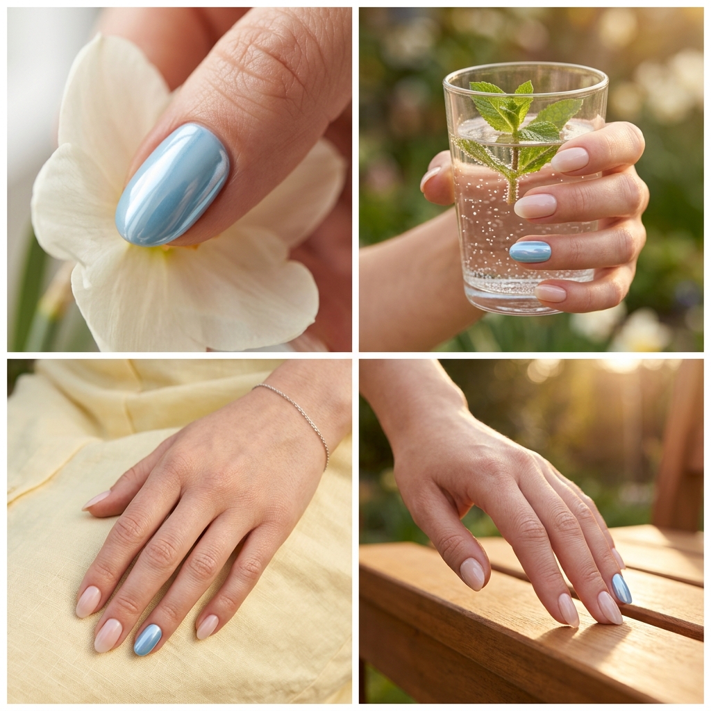 Baby blue chrome accent nail for spring 2026 date night outfits. Chic milky nude base.