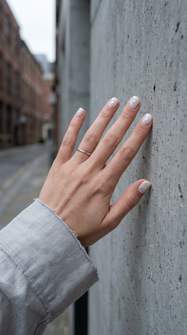 Sheer milky white nails with iridescent chrome dots, perfect for spring chrome nails 2026 casual looks.