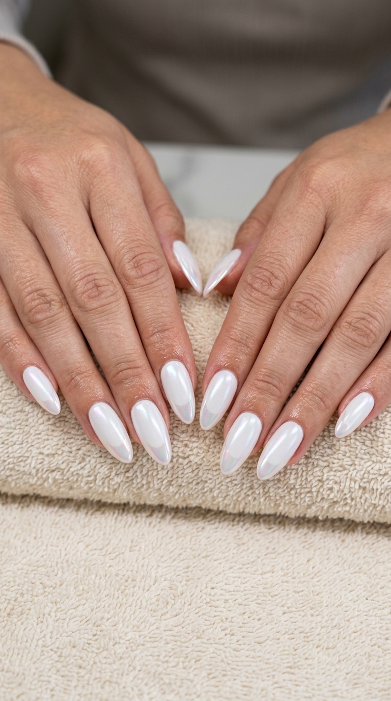 Iridescent white chrome French tip nails for spring chrome nails 2026. Ethereal and sophisticated for weddings.