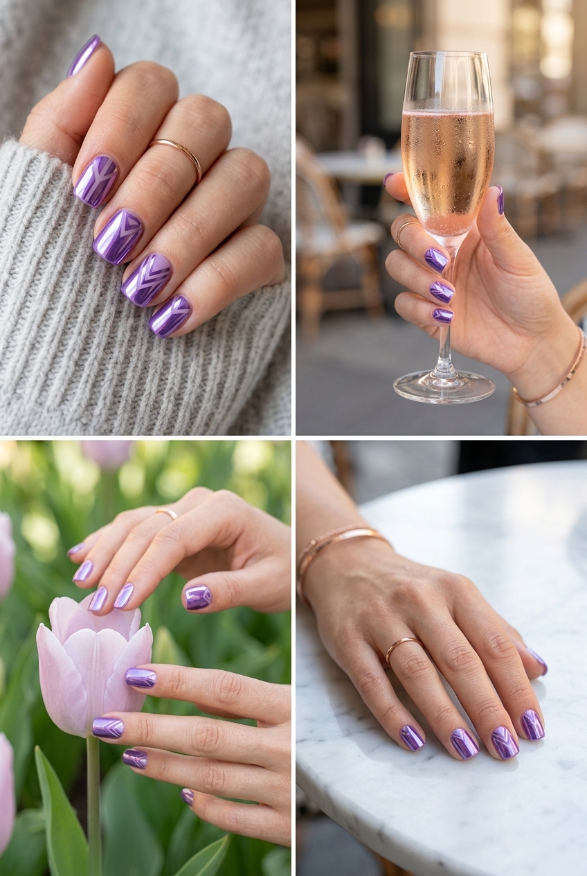 Lavender chrome negative space nails for spring 2026 work outfits. Modern minimalist geometric.
