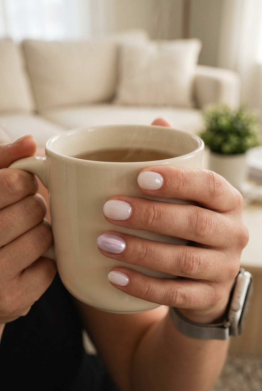 Lavender chrome glazed accent nails for spring 2026 work and casual outfits. Minimalist ethereal.