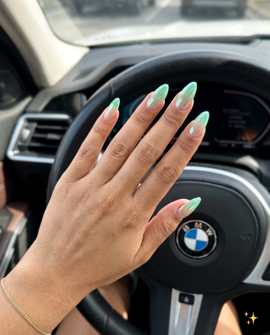 Fresh mint chrome gradient almond nails for modern spring chrome nails 2026 vacation looks.