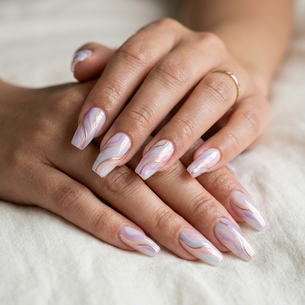 Playful pastel chrome swirls in lavender, blue, peach, and rose gold for vibrant spring chrome nails 2026.